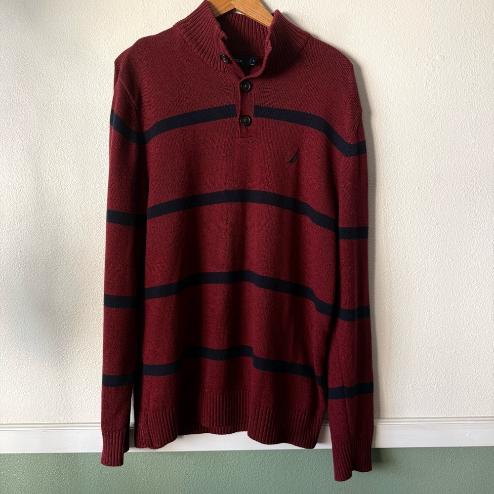 Nautica Men's Maroon and Navy Quarter Button Sweater